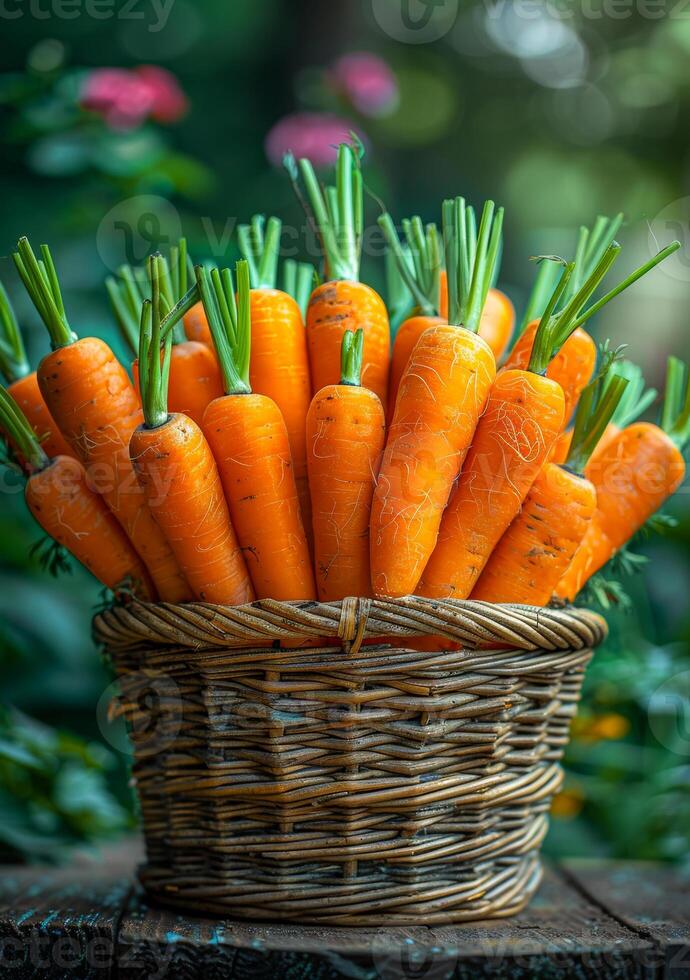 AI generated Fresh organic carrots in basket. A carrots in a basket beside a wood floor photo