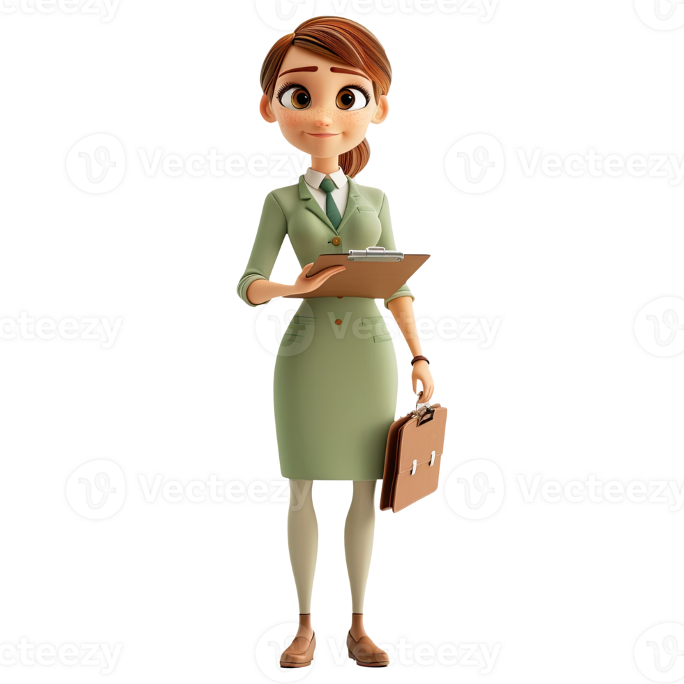 AI generated 3D Cute cartoon businesswoman character. Cartoon businesswoman with clipboard on transparent background. png