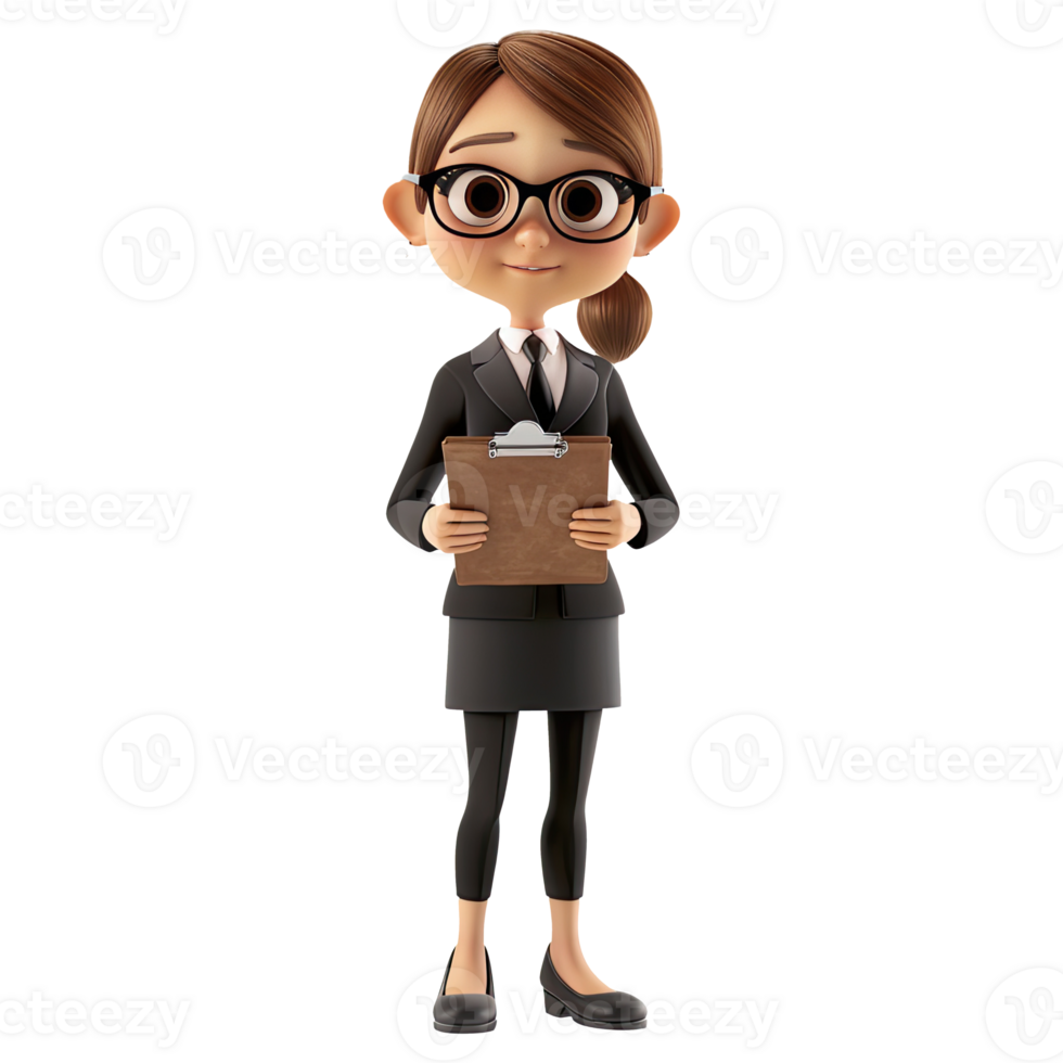AI generated 3D Cute cartoon businesswoman character. Cartoon businesswoman with clipboard on transparent background. png