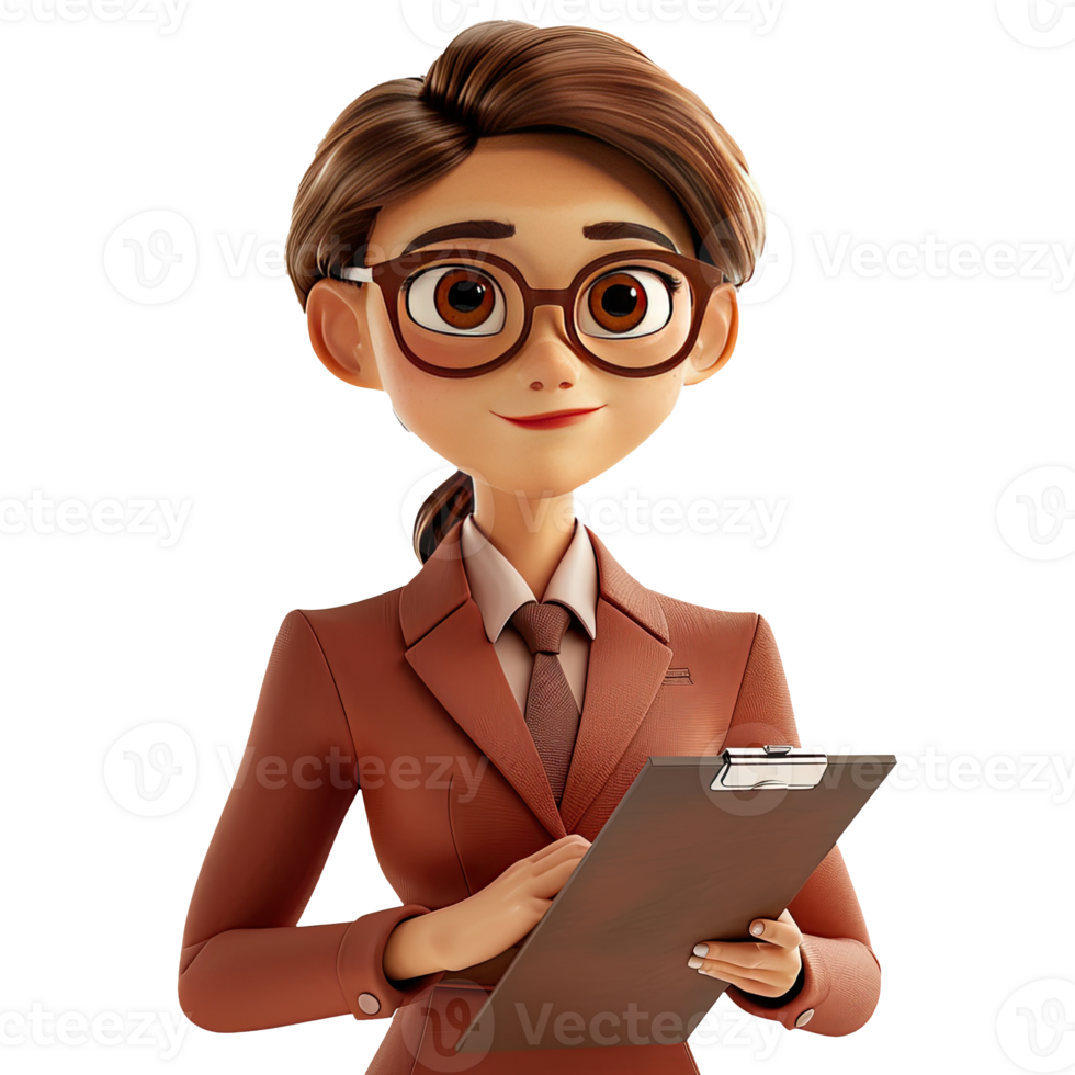 AI generated 3D Cute cartoon businesswoman character. Cartoon businesswoman with clipboard on transparent background. png