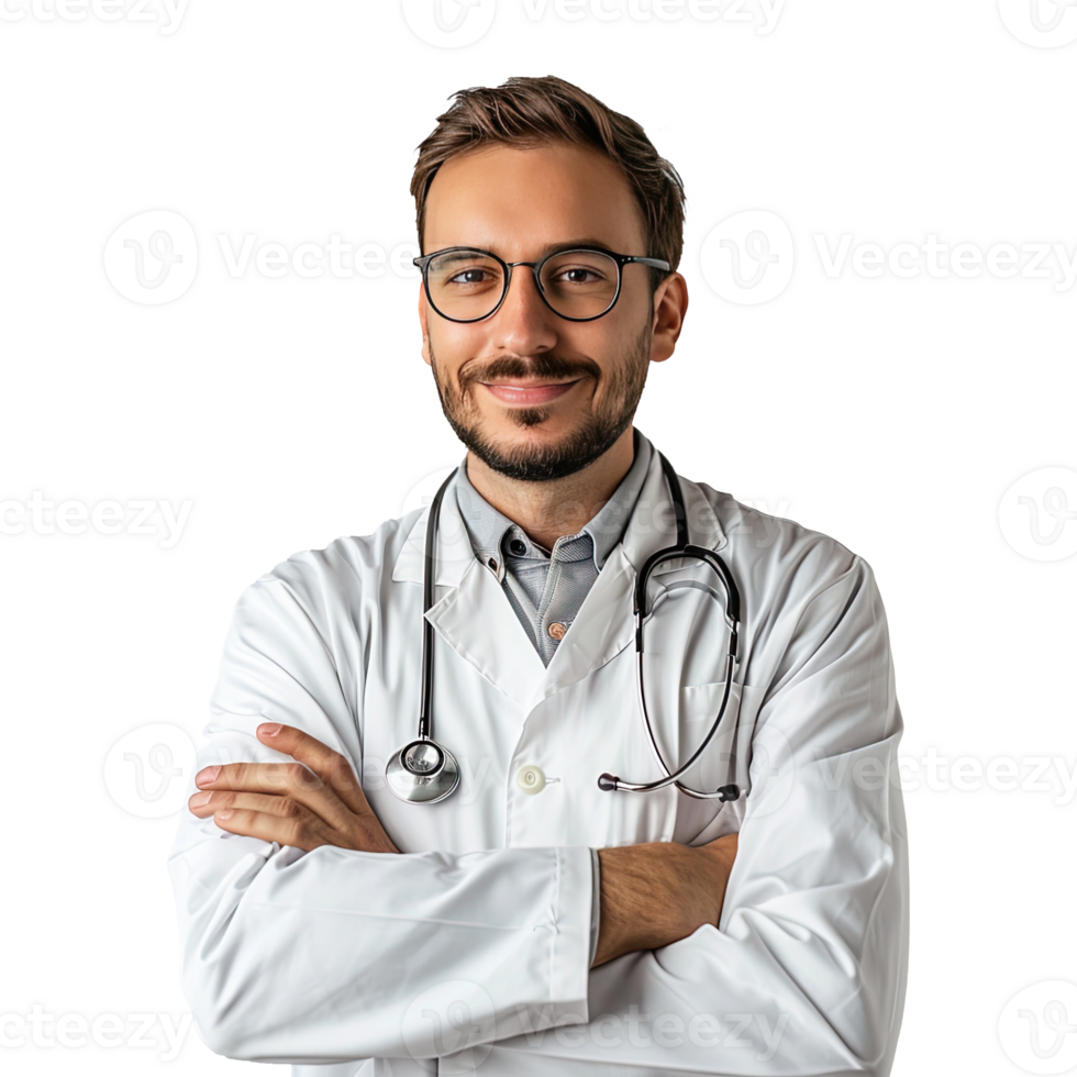 ai generato fiducioso giovane maschio medico ritratto. ritratto di un' sorridente medico. medico e assistenza sanitaria concetto. png