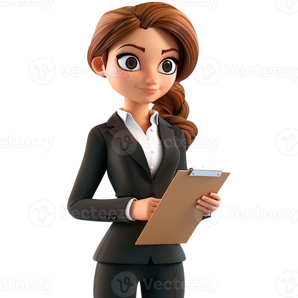 AI generated 3D Cute cartoon businesswoman character. Cartoon businesswoman with clipboard on transparent background. png