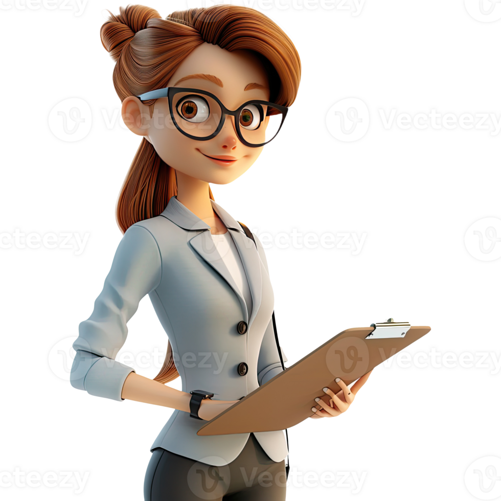 AI generated 3D Cute cartoon businesswoman character. Cartoon businesswoman with clipboard on transparent background. png
