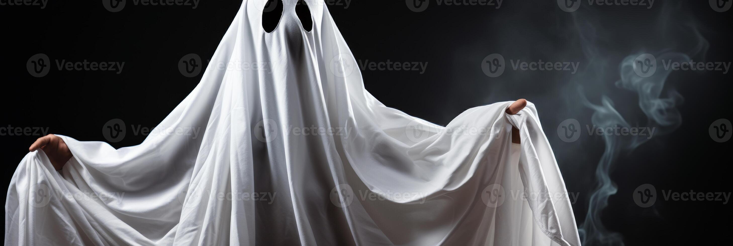 AI generated Creepy ghost costume with copy space for halloween concept - person covered with white sheet photo