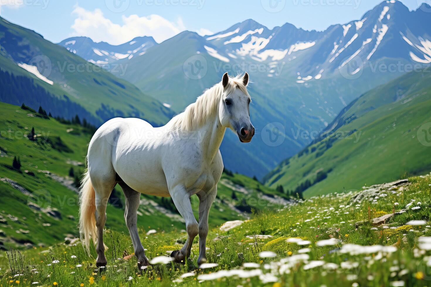 AI generated Scenic view. majestic horse grazing on vibrant alpine meadow, perfect for adding text or captions photo