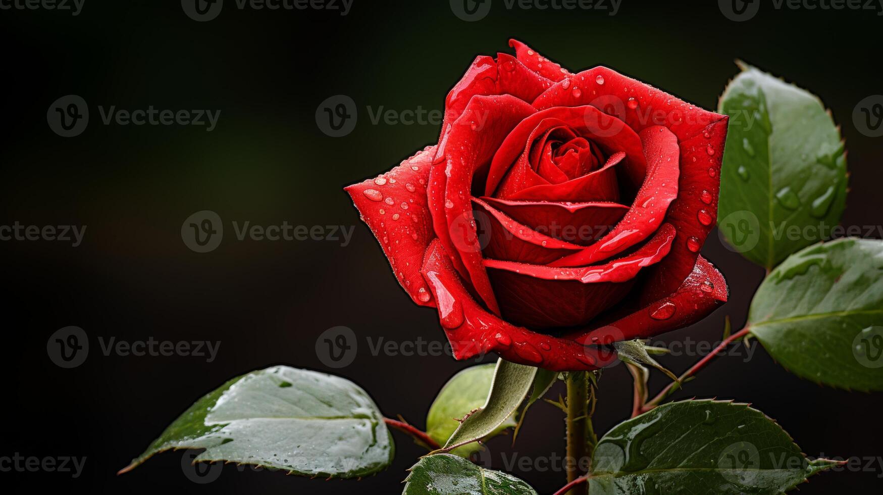 AI generated Beautiful macro shot of red rose bud after rain with ample copy space for text and design elements photo