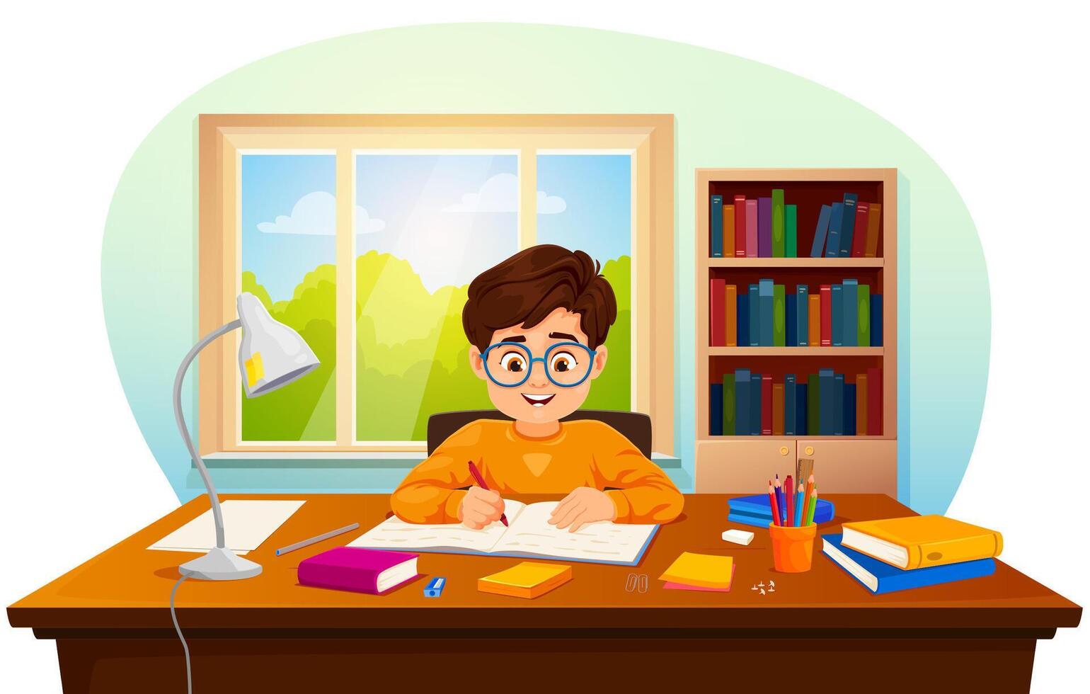 Cartoon boy kid makes homework, funny pupil study vector