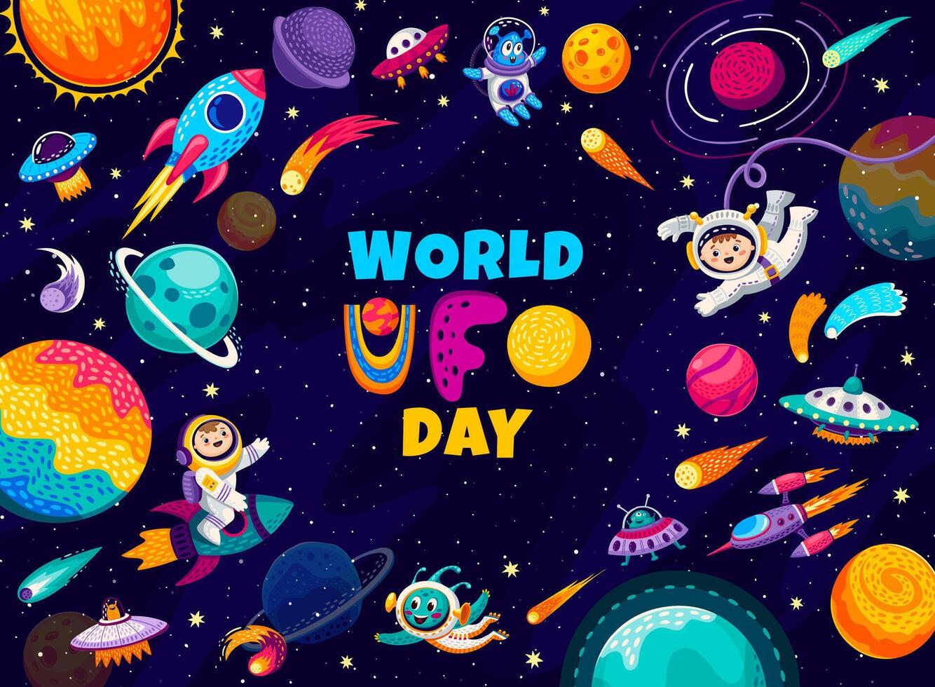 World ufo day, cartoon flying saucer and alien vector