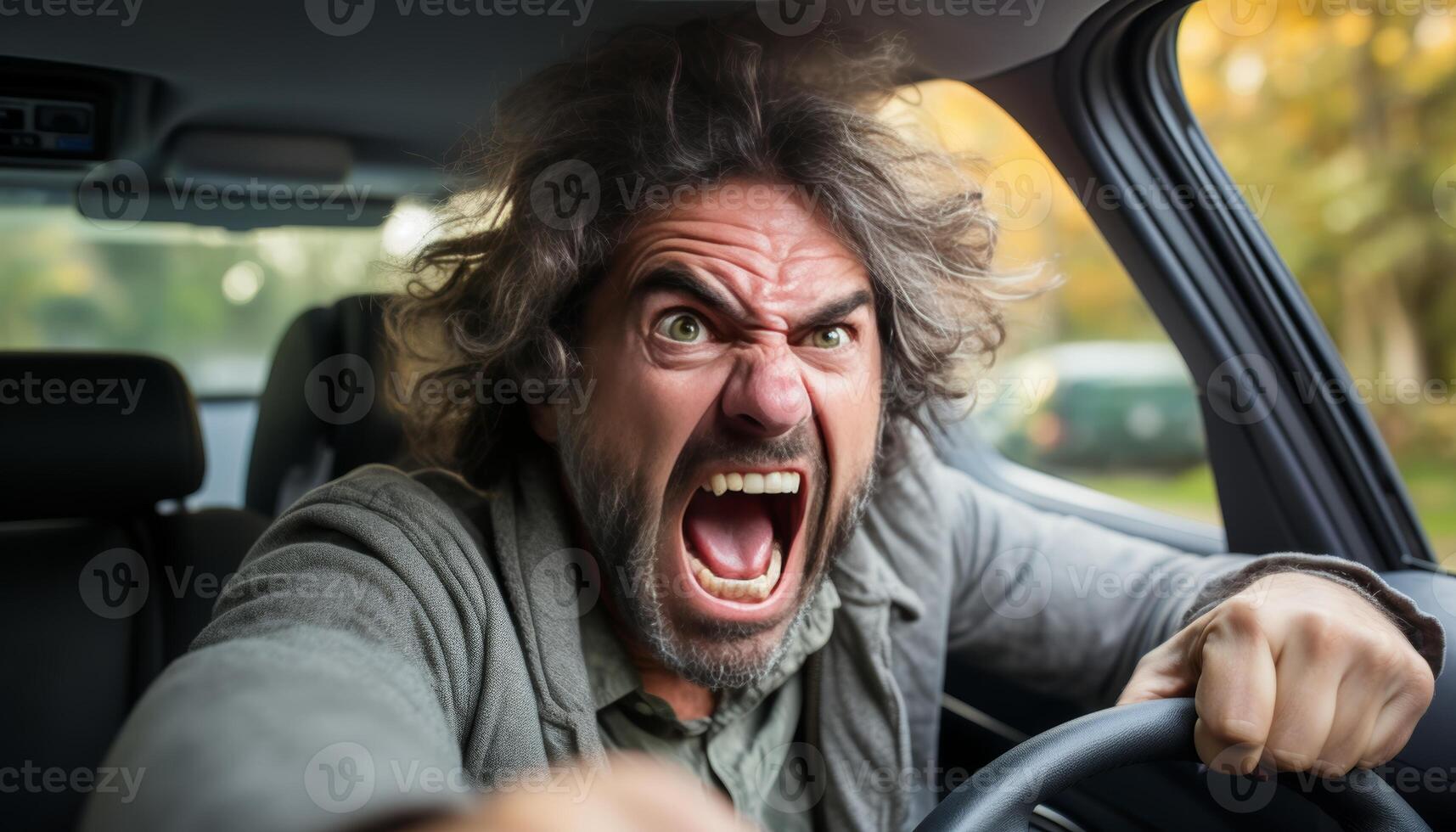 AI generated Angry man shouting in traffic while driving, blurred white background with copy space photo