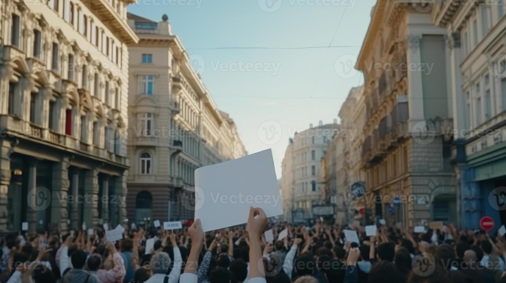 AI generated Protesters marching in the street holding white banner mockup for activism and demonstration concept photo