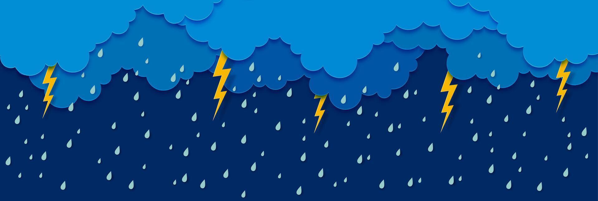 Paper cut rain with sky clouds, drops, flashes vector