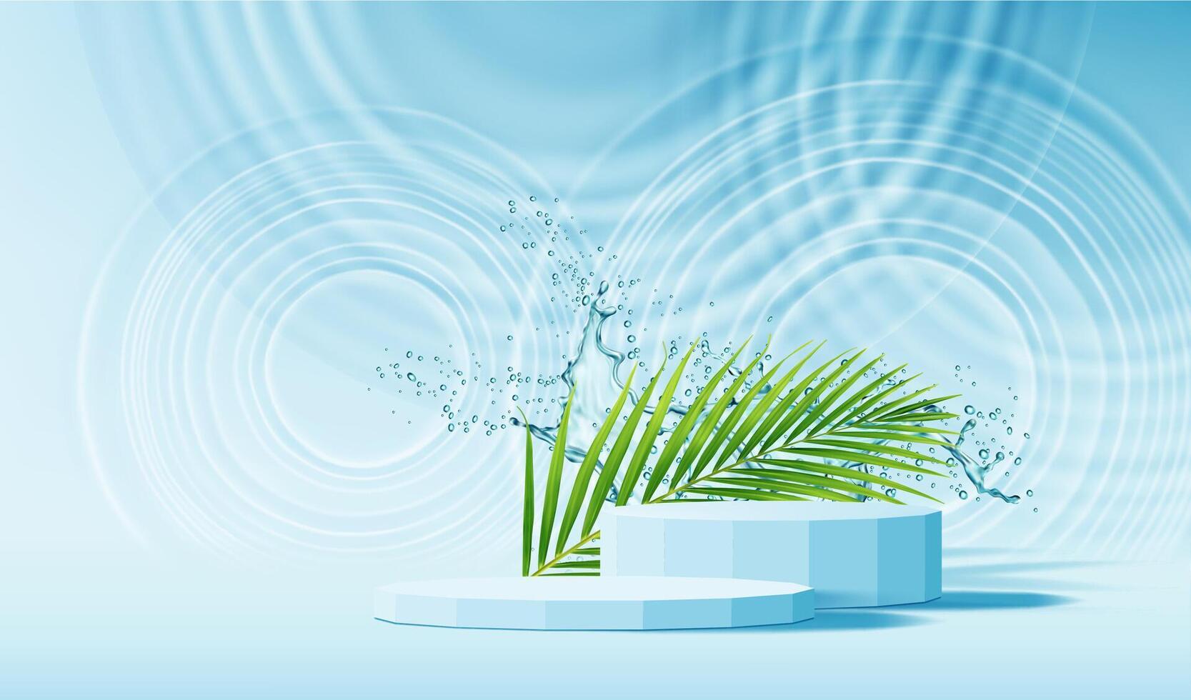 Blue podium with water splash, ripple and leaves vector