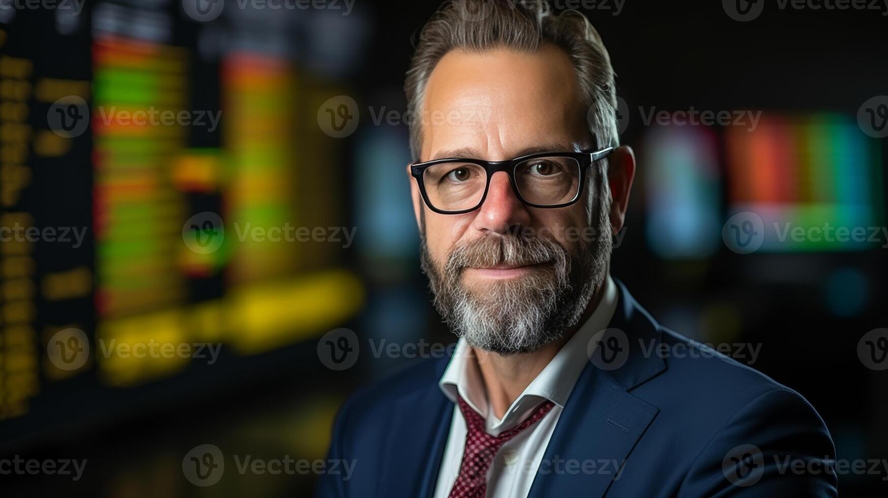 AI generated Professional middle-aged businessman in formal suit analyzing stock market trends on screens photo