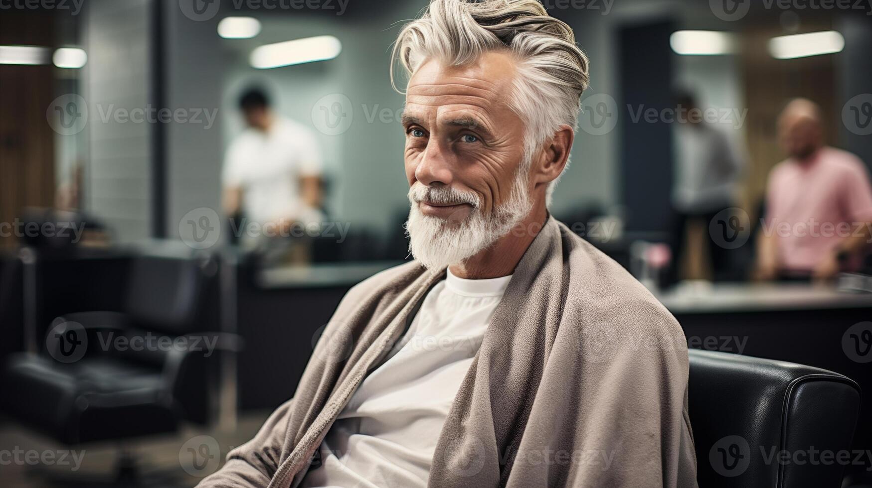 AI generated Senior man getting a stylish haircut in barbershop with copy space for text on the side photo