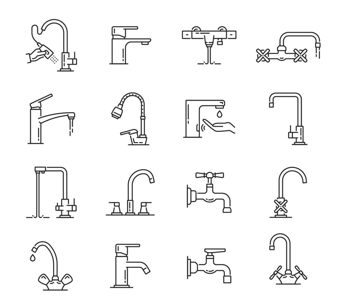 Tap kitchen, bathroom faucet with water drop icons vector