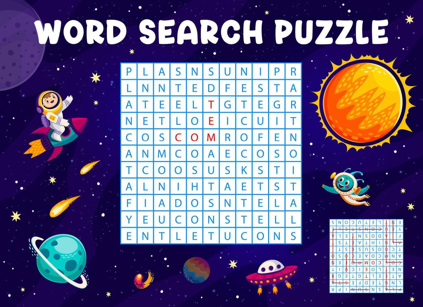 Word search puzzle game, galaxy space landscape vector