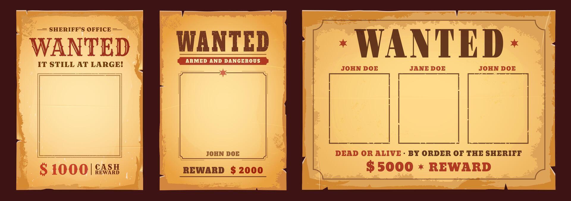 Western wanted banners or posters with reward vector