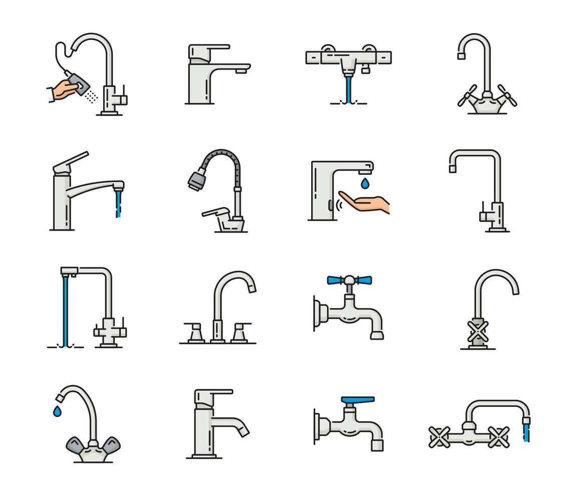 Tap bathroom and kitchen water faucet line icons vector