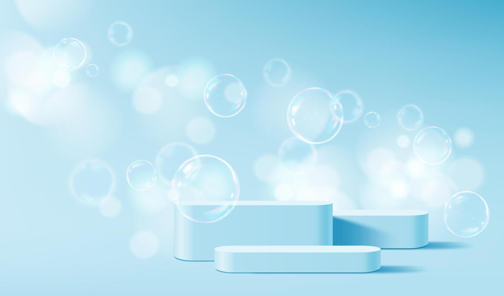 Realistic blue podium stage with soap bubbles vector