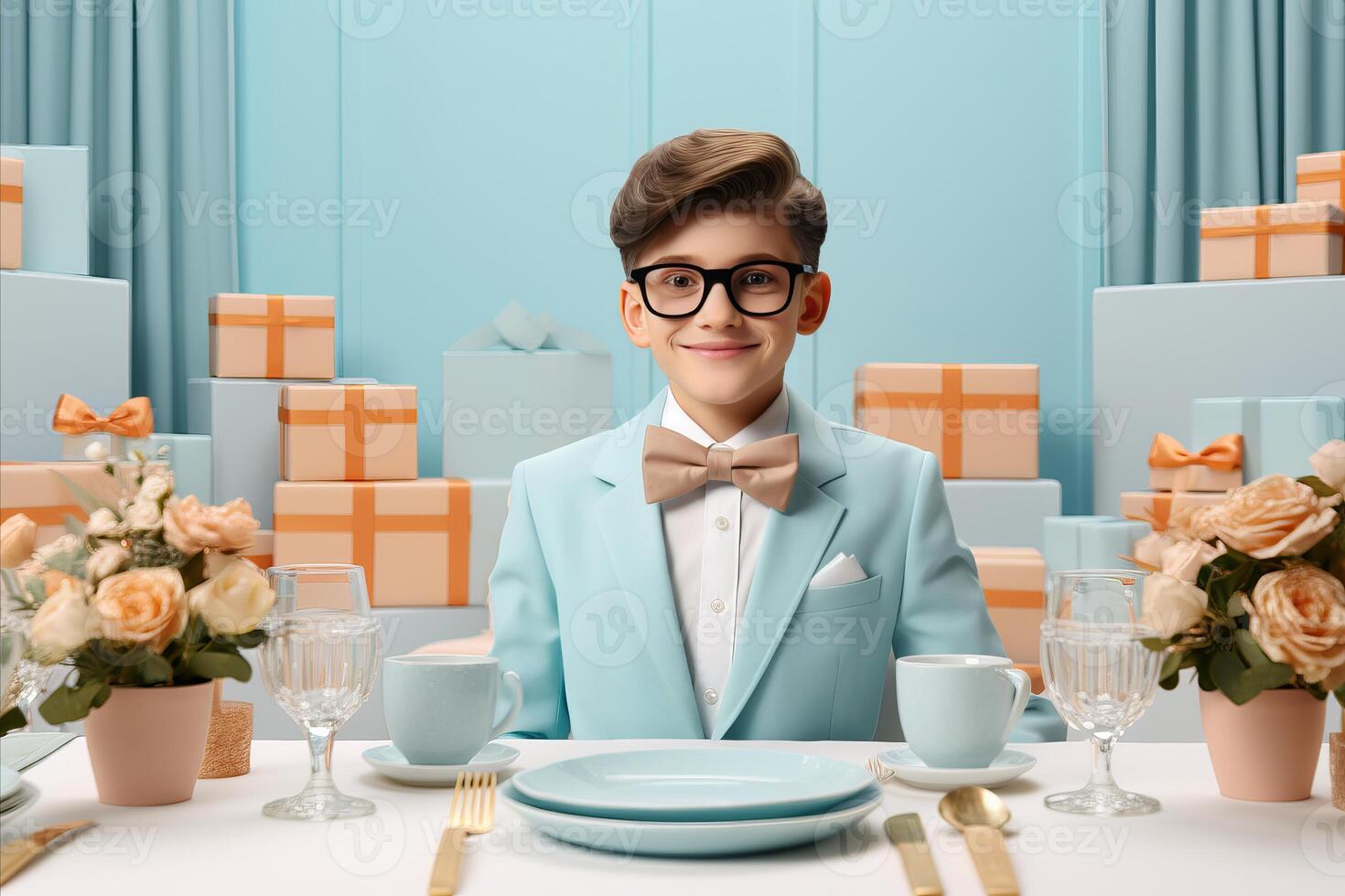 AI generated Stylish young boy in glasses and bow tie sitting at a table surrounded by an array of colorful gifts photo