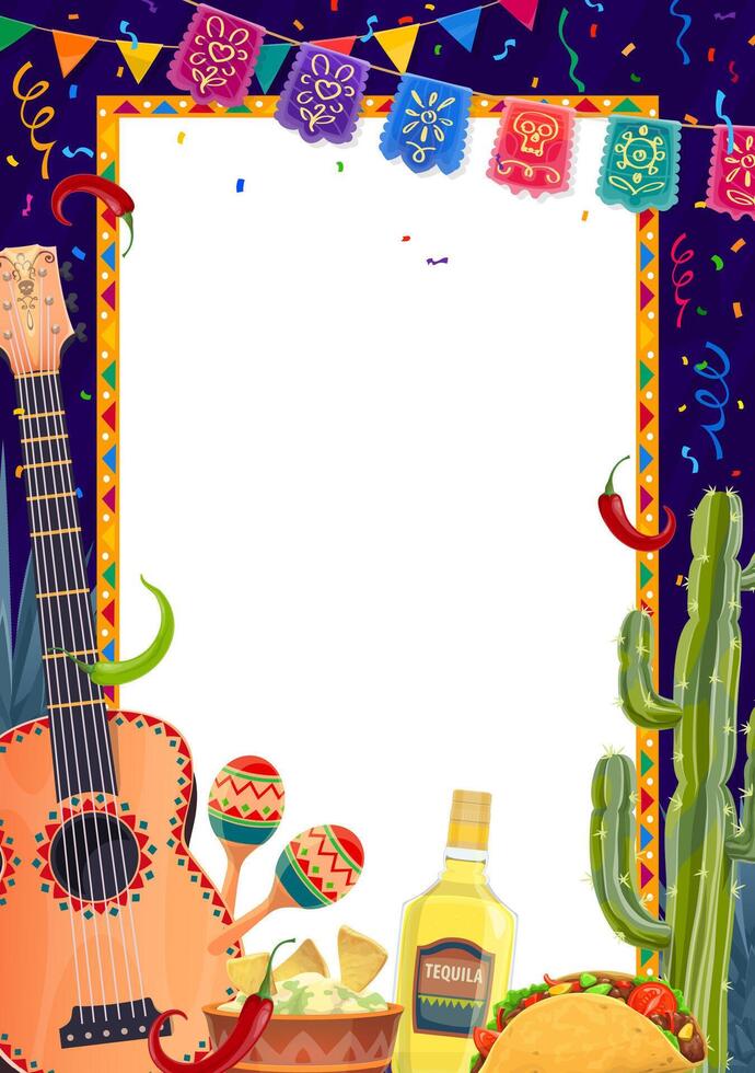 mexicano fiesta póster con guitarra, comida y banderas vector