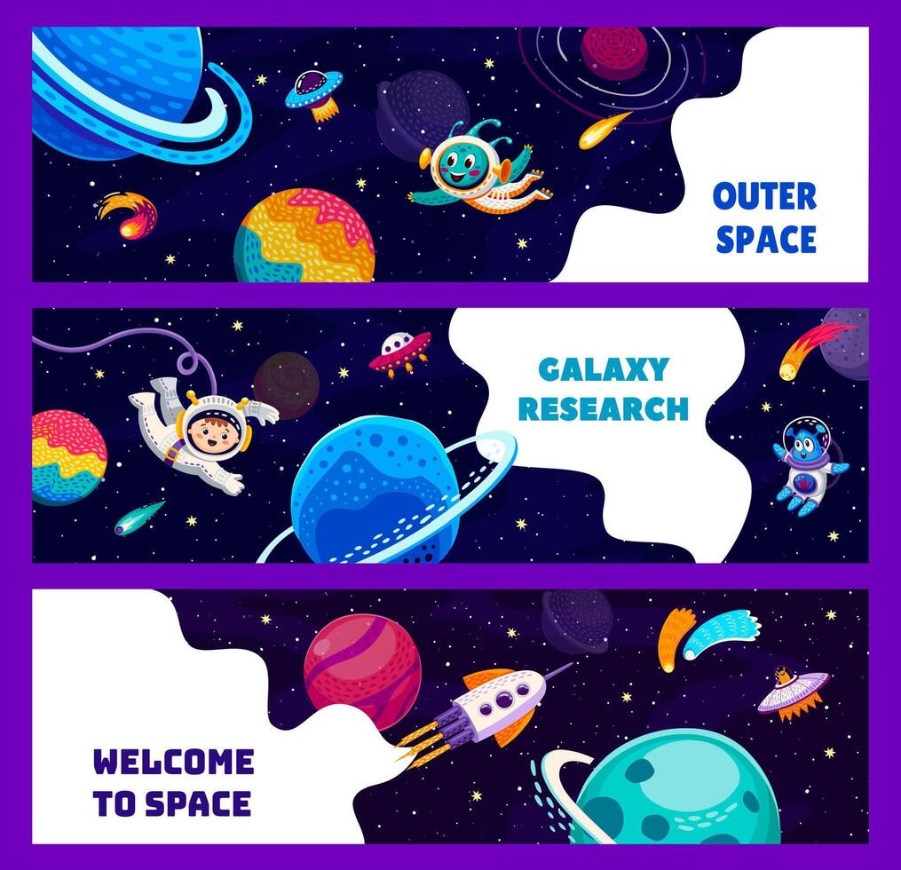 Galaxy space banners. Kid astronaut, space planets vector