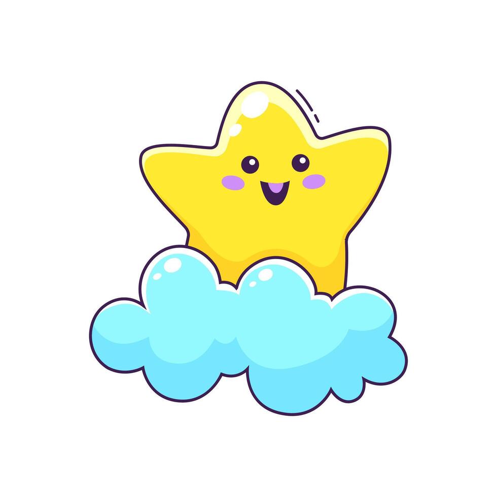 dibujos animados linda kawaii estrella personaje en nube vector