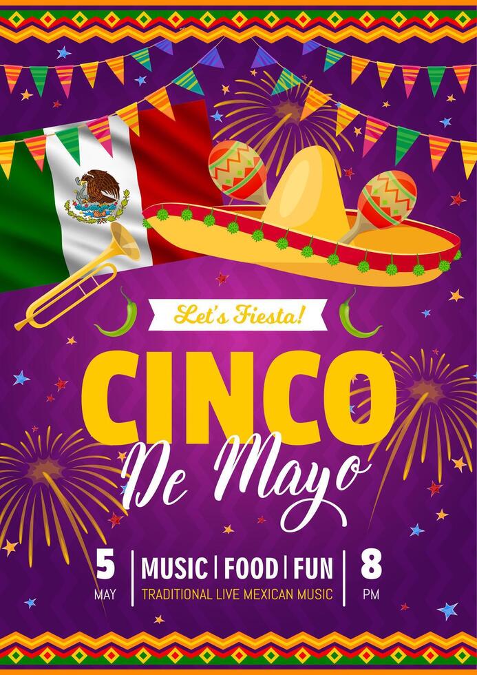 Cinco de Mayo holiday flyer, Mexican party fiesta vector