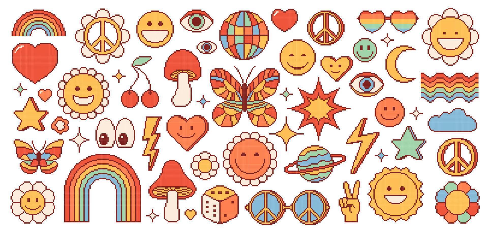 Pixel y2k groovy, hippie and psychedelic symbols. vector