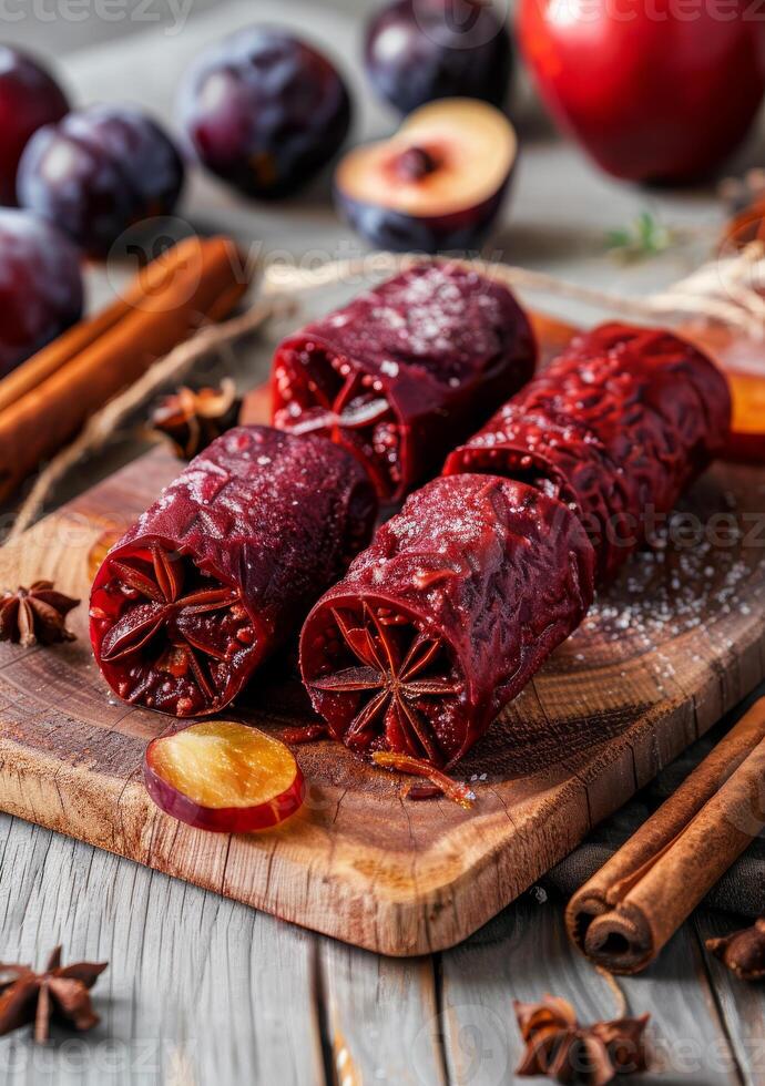 ai generado tradicional Navidad víspera plato. un sangre salchicha con ciruelas especias y canela en de madera antecedentes foto