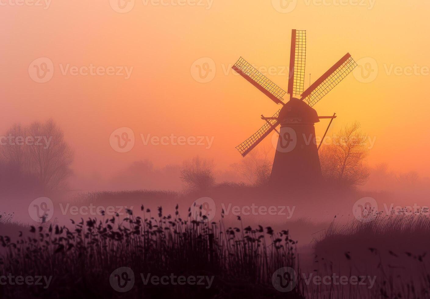 AI generated Windmill in foggy spring sunrise. Colorful landscape with old windmill in polder landscape photo