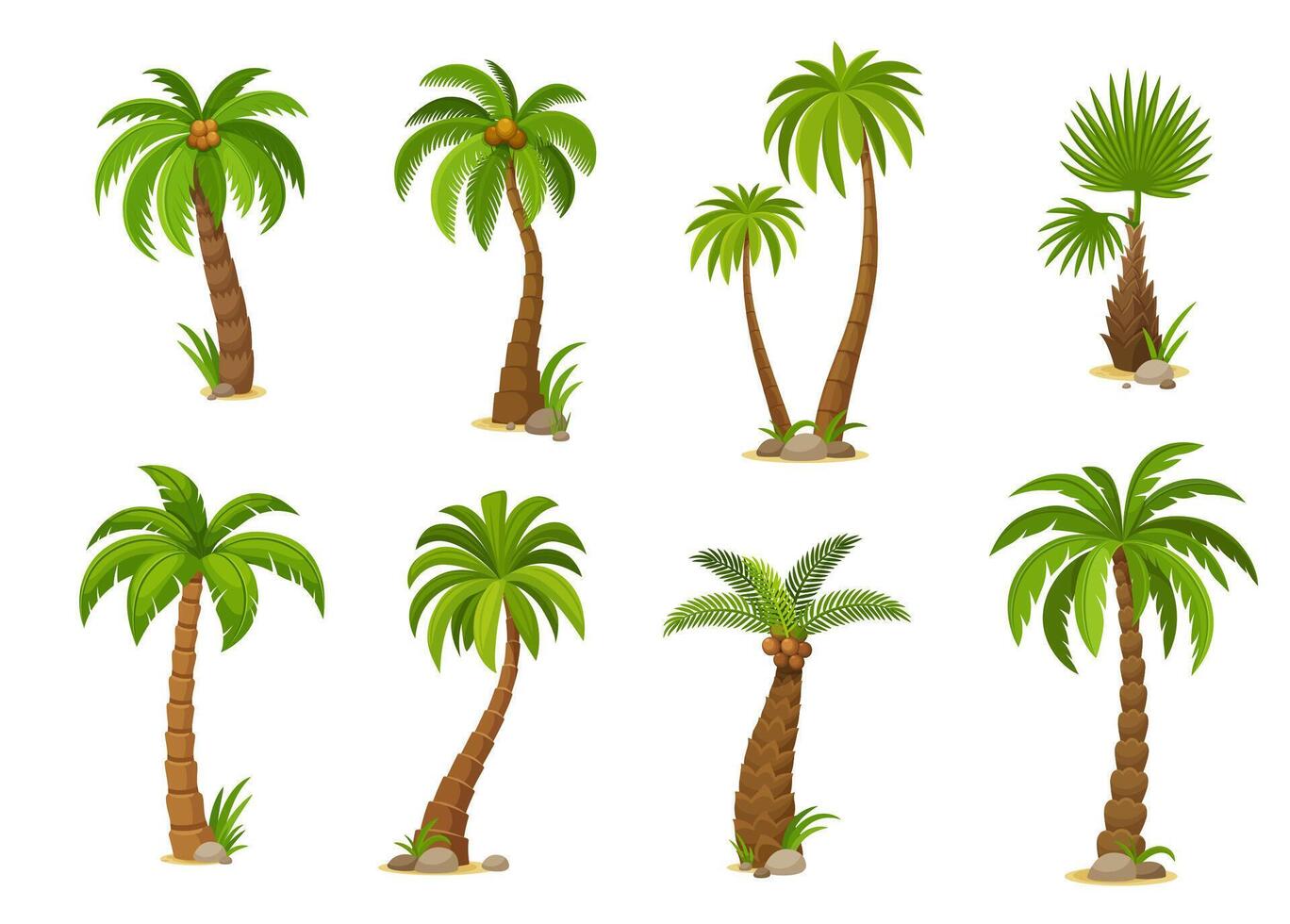 Cartoon jungle coconut palm trees, vector set f