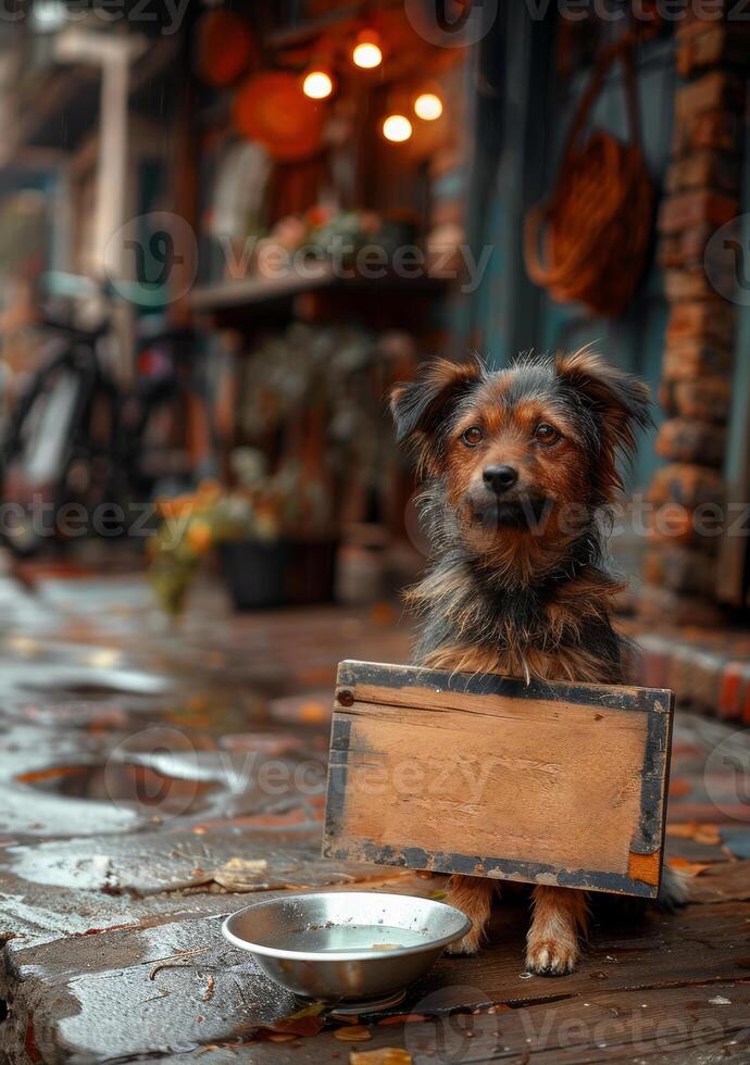 AI generated Dog is holding sign in his mouth photo