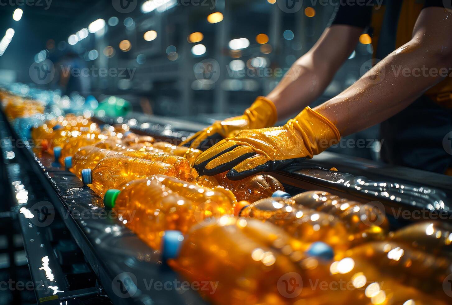 AI generated Worker is moving the finished bottles on the conveyor belt photo
