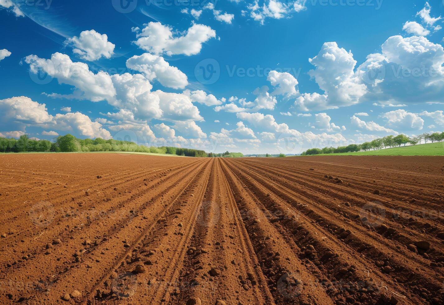 AI generated Furrows. Agricultural field on which grow up potatoes photo