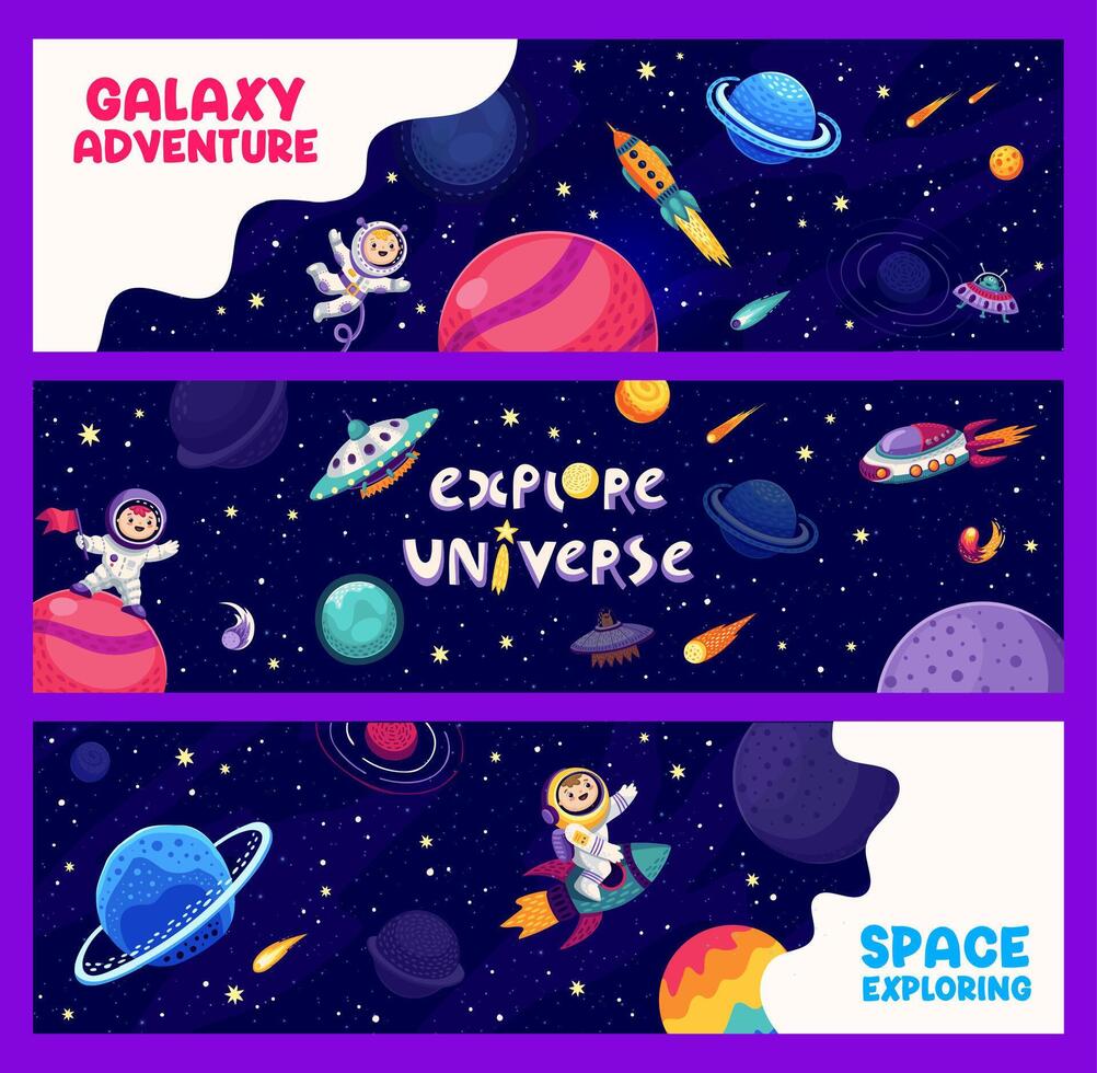 Kid astronaut, space exploration and travel banner vector