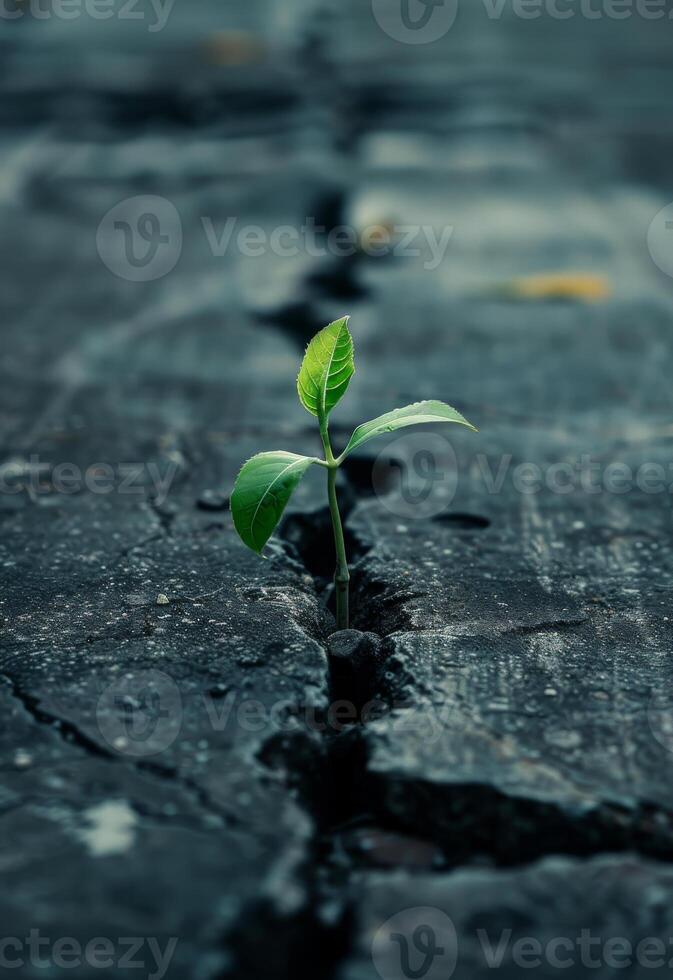 AI generated Small plant growing through crack in the asphalt photo