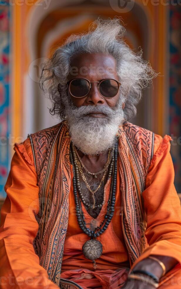 AI generated Portrait of Sadhu with white beard sitting in the temple Jaisalmer Rajasthan India photo