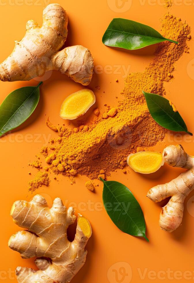 AI generated Fresh ginger root and turmeric powder with fresh green leaves on orange background top view photo