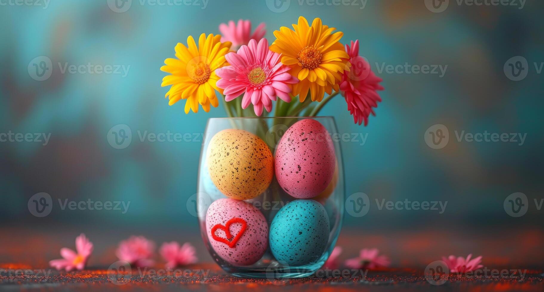 AI generated Colorful easter eggs in glass vase with flowers on blue background. A bunch of colored eggs in glasses photo