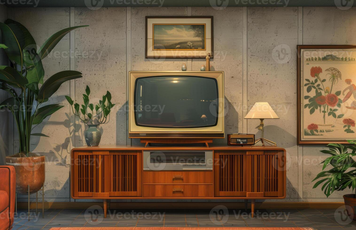 AI generated Retro TV and vintage furniture in the living room photo