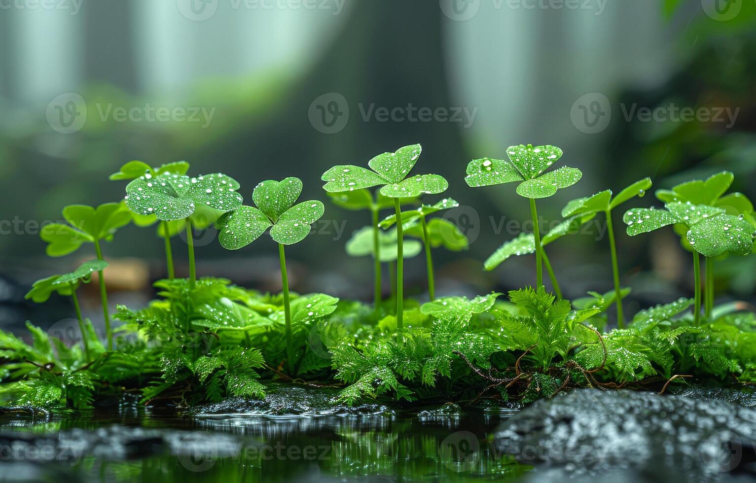 AI generated Young plant growing in the forest with water drops photo