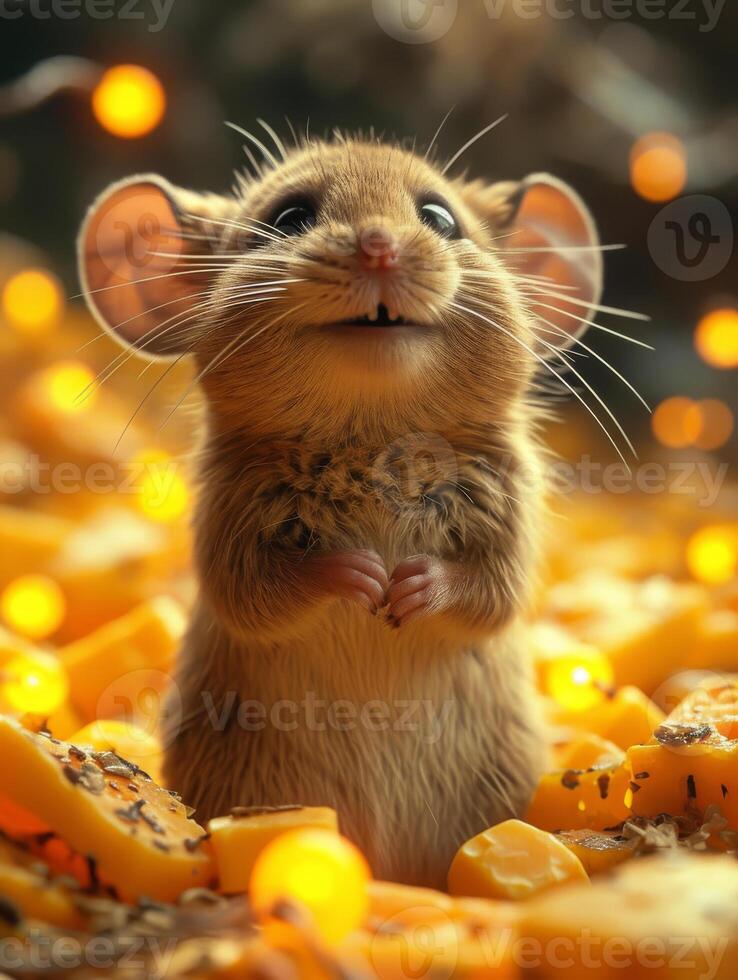 AI generated Mouse stands on cheese. A mouse standing in front of a pile of cheese and lights photo