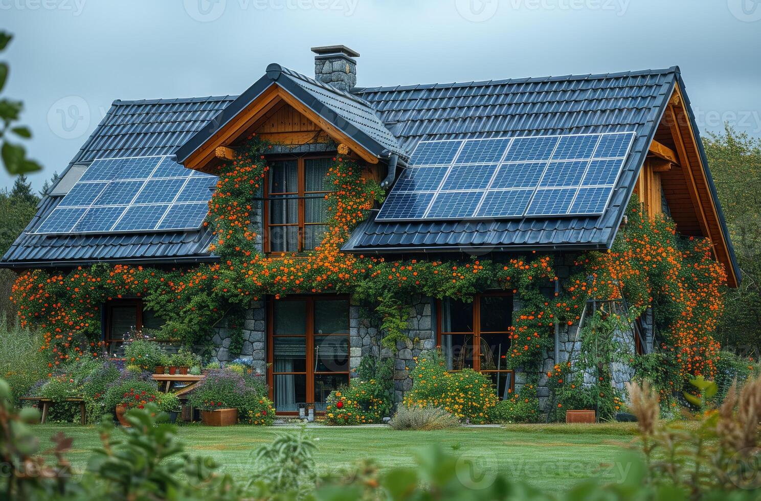 AI generated House with solar panels on the roof. Photovoltaic system on the roof photo