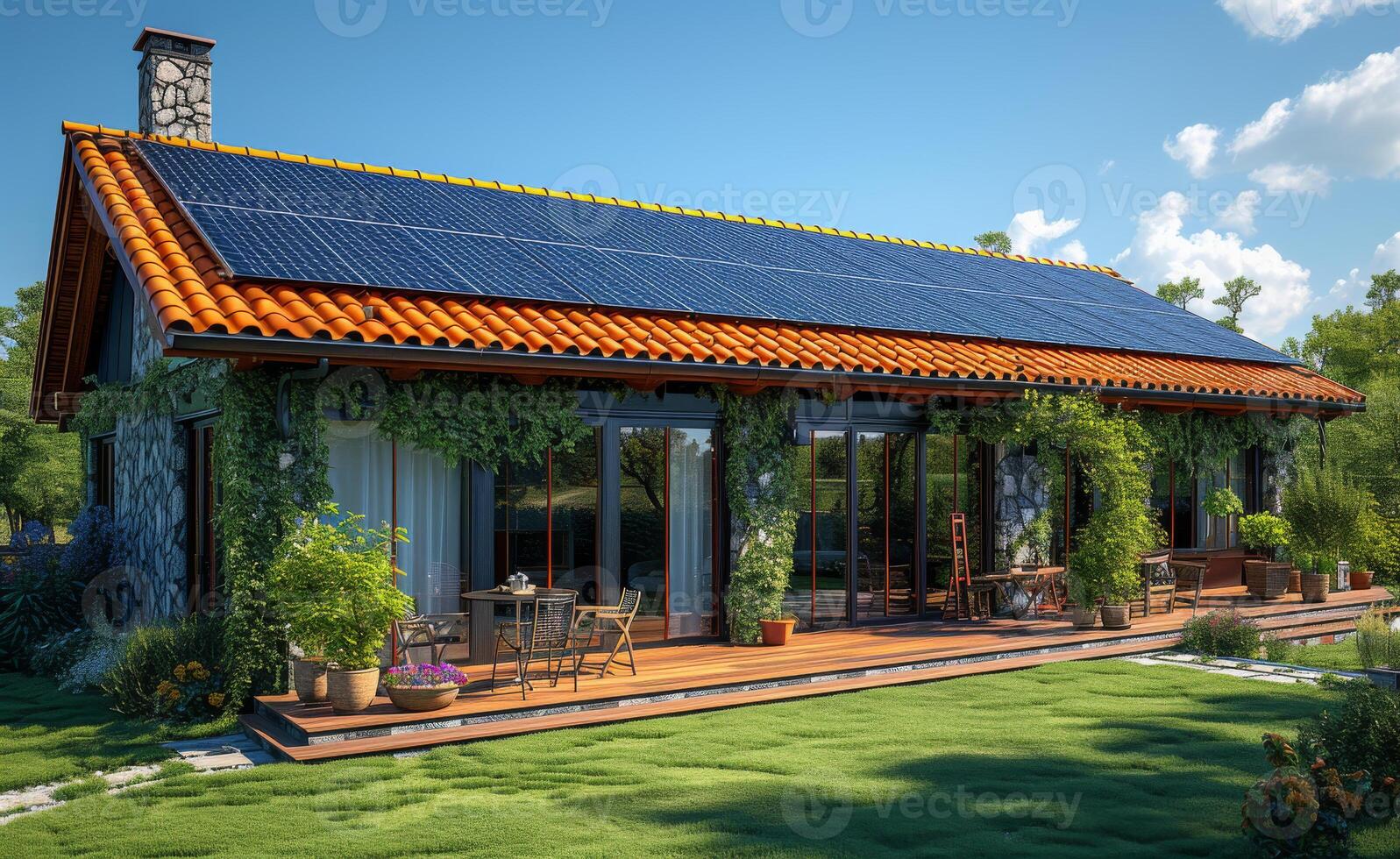 AI generated Modern house with solar panels on the roof photo