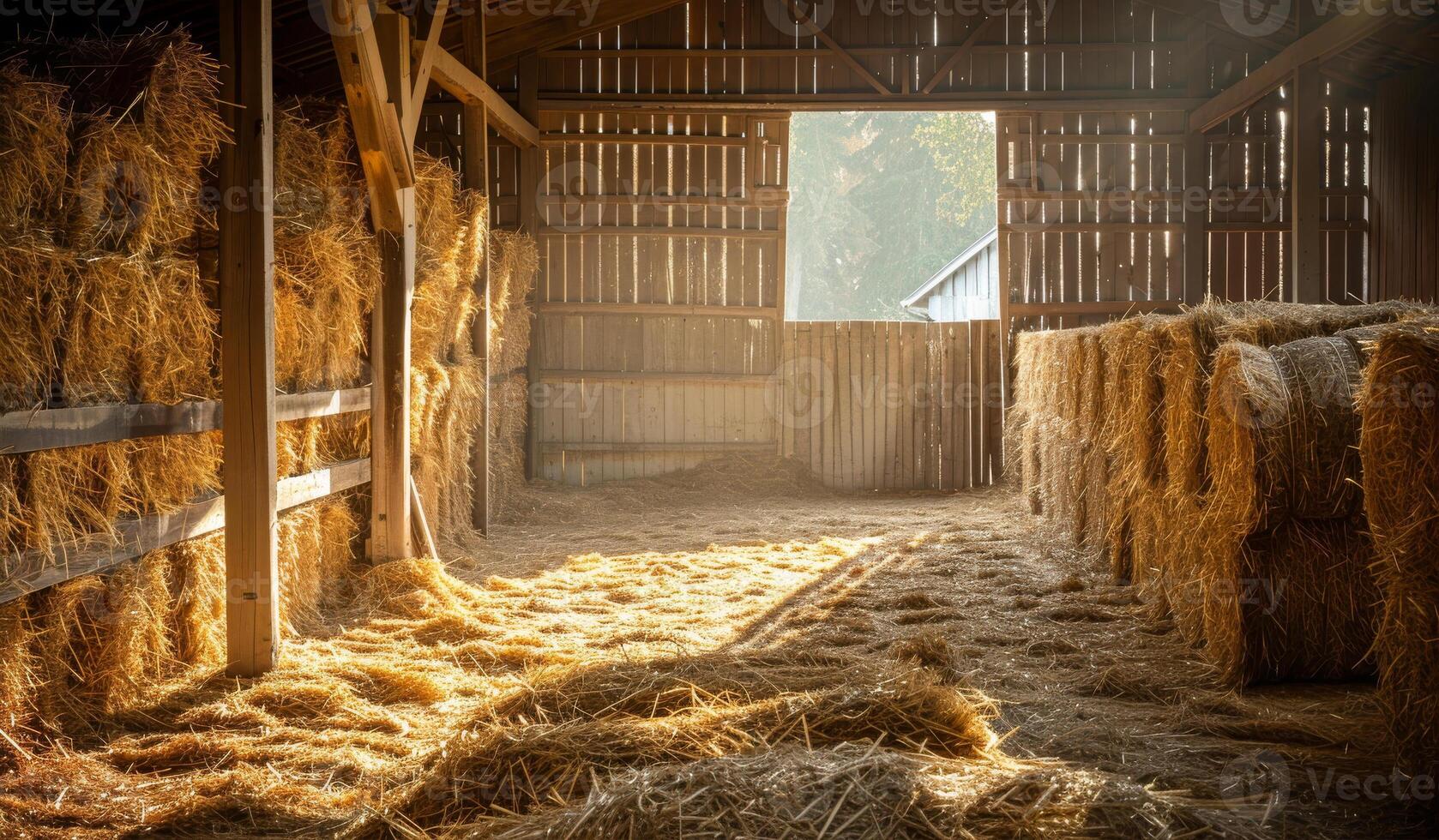 AI generated Hay bales in barn with sunlight shining through the open door photo