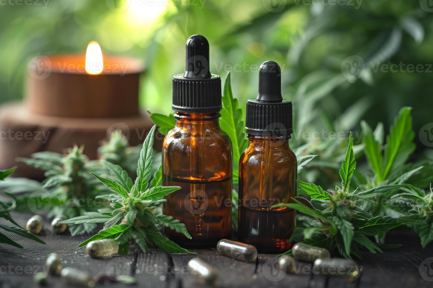 AI generated Two bottles of cbd oil with lit candle and cannabis leaves photo