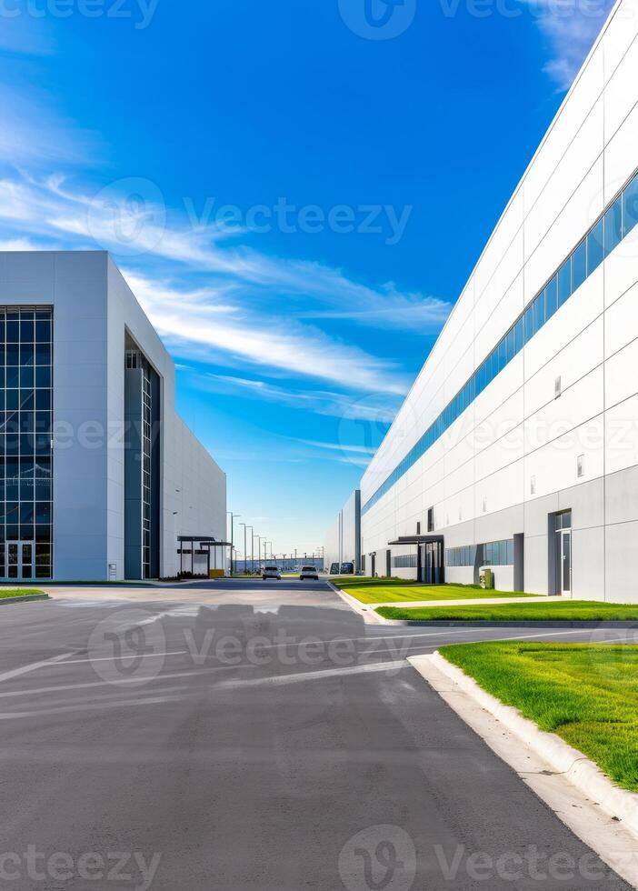 AI generated Exterior of modern warehouse with office building photo