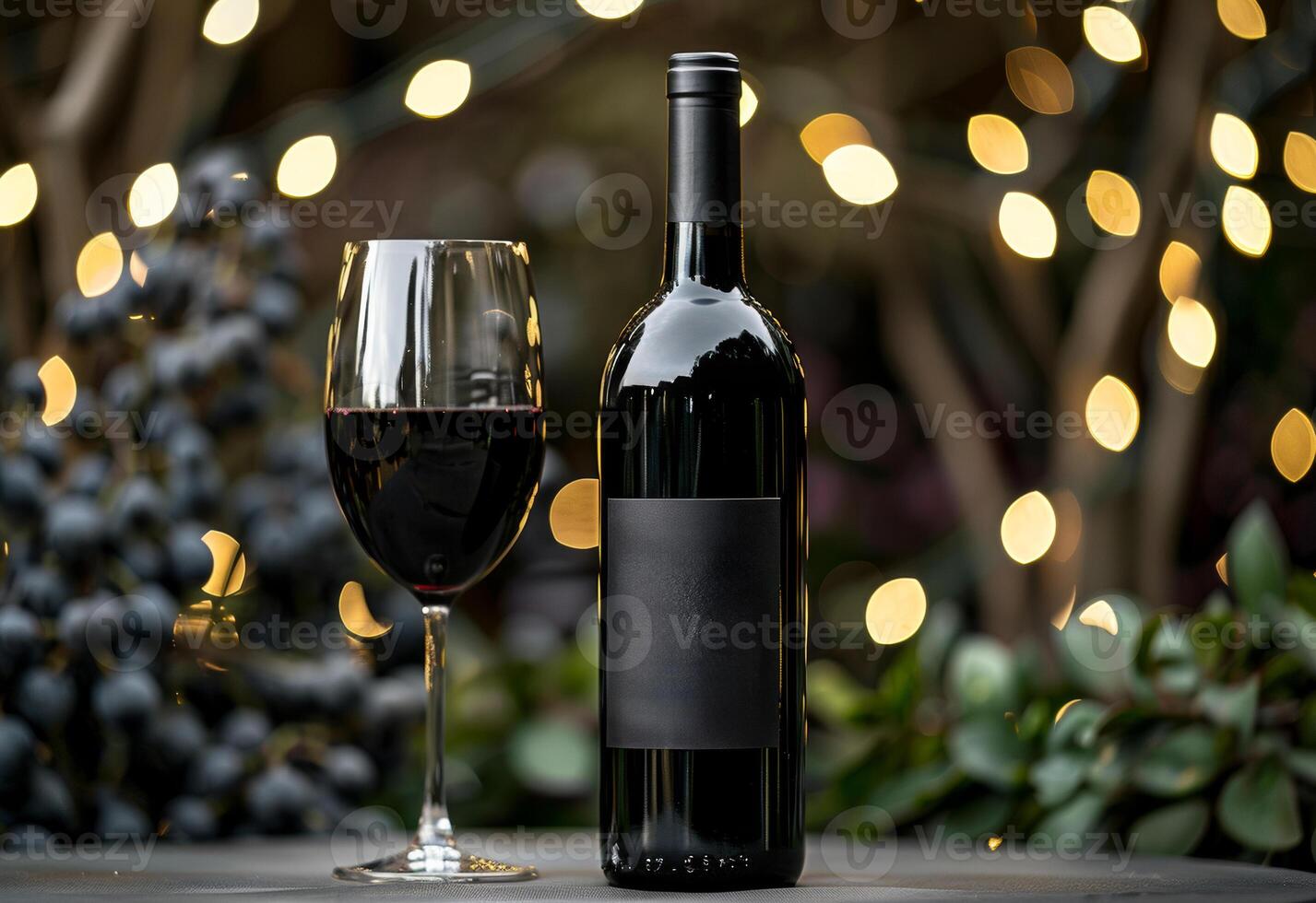 AI generated Bottle of red wine and glass of wine on table with blurred background of garland photo