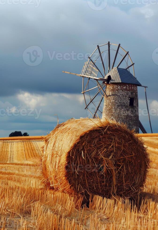 AI generated Windmill on the background of field with haystacks photo